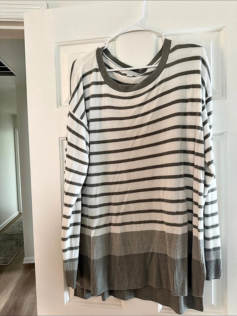 Barefoot Dreams CozyChic Ultra Lite Striped Pullover Gray/Sage & White XL